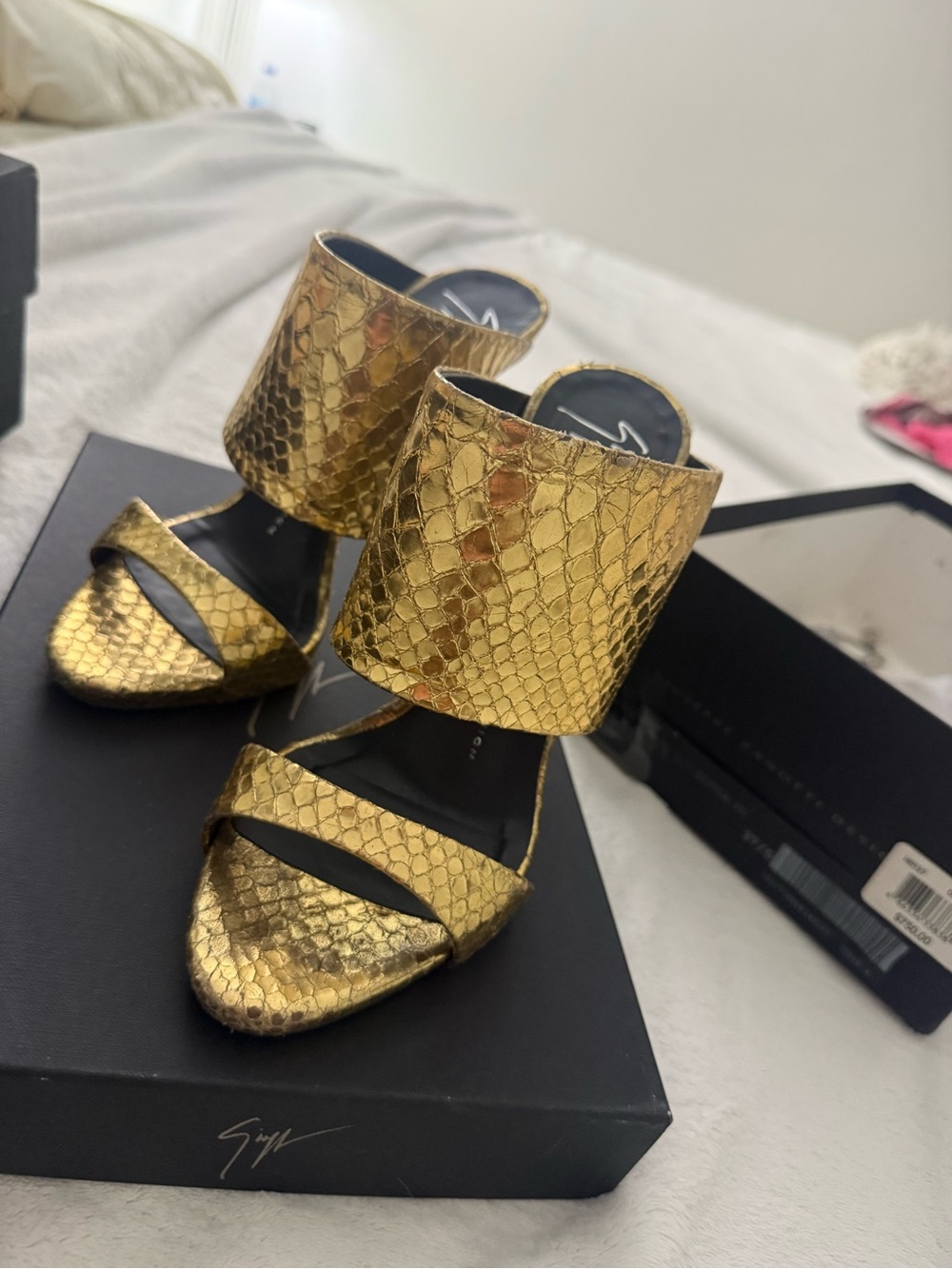 Gold Snake-Embossed High Heel Slide Sandals - Women - Picture 4 of 6